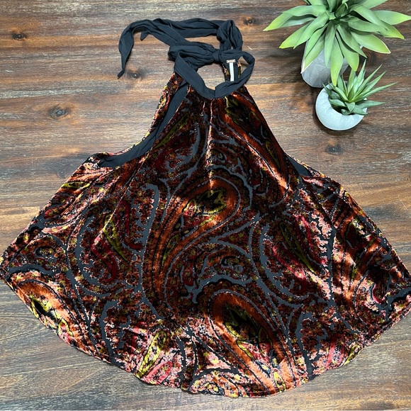 FP Velvet Burnout Paisley Red Orange Yellow black neck tie sleeveless XS - Picture 7 of 13